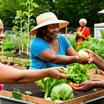 A diverse group of people participating in a community garden, emphasizing healthy eating and social interaction to address health inequities. Focus on bright colors, natural light, and a sense of community. "Community garden, diverse group, healthy eating, social interaction, bright colors, natural light, health equity, vegetables, cooperation, sustainable"