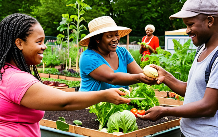 A diverse group of people participating in a community garden, emphasizing healthy eating and social interaction to address health inequities. Focus on bright colors, natural light, and a sense of community. "Community garden, diverse group, healthy eating, social interaction, bright colors, natural light, health equity, vegetables, cooperation, sustainable"