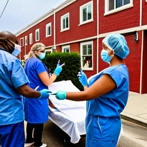 Home 8 **Image:** A community vaccination campaign in a vibrant neighborhood. Diverse people are participating, with healthcare workers administering vaccines. The scene emphasizes prevention and community health.