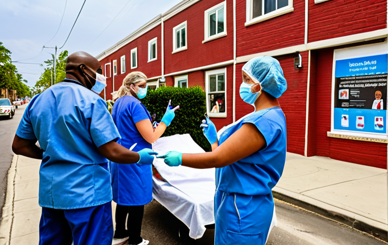 **Image:** A community vaccination campaign in a vibrant neighborhood. Diverse people are participating, with healthcare workers administering vaccines. The scene emphasizes prevention and community health.